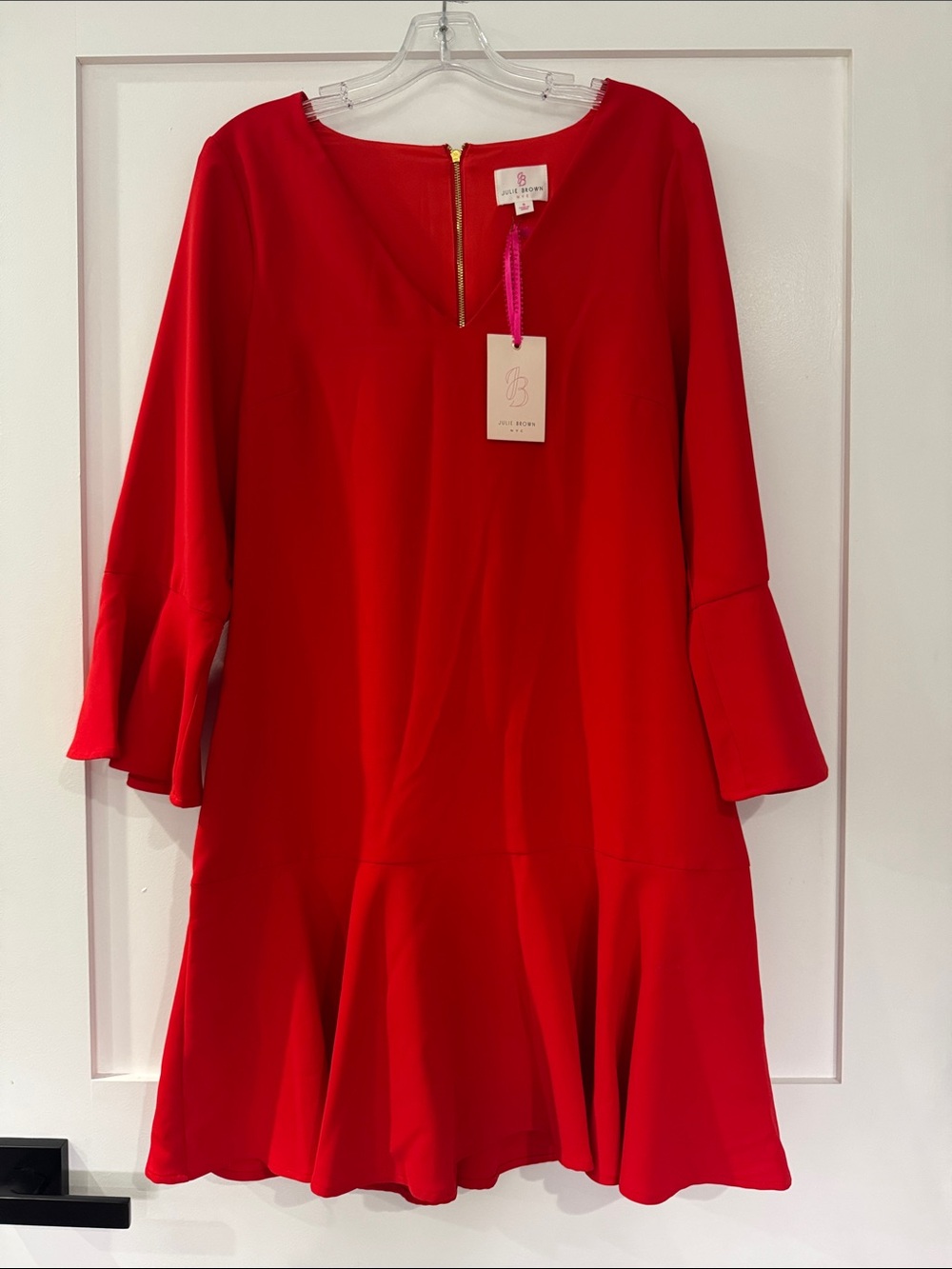 JB by Julie Brown Red Flared Mermaid Dress with Bell Sleeves